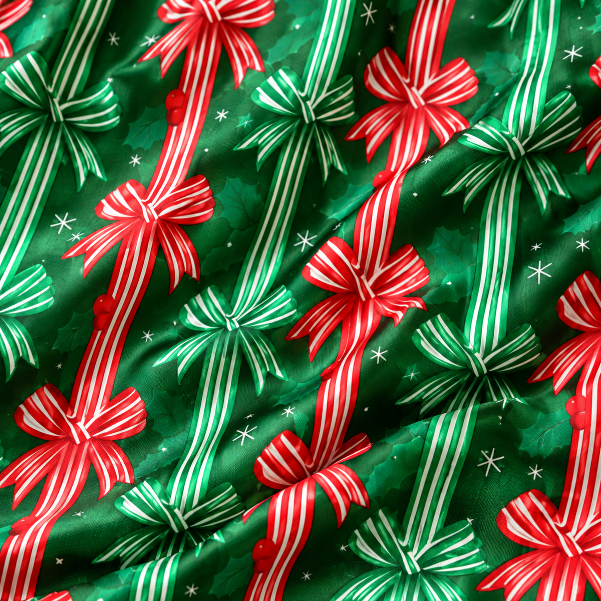 PJ-M1913-Christmas Bow Satin Pajama Set, Green Red Ribbon Coquette Holiday Sleepwear