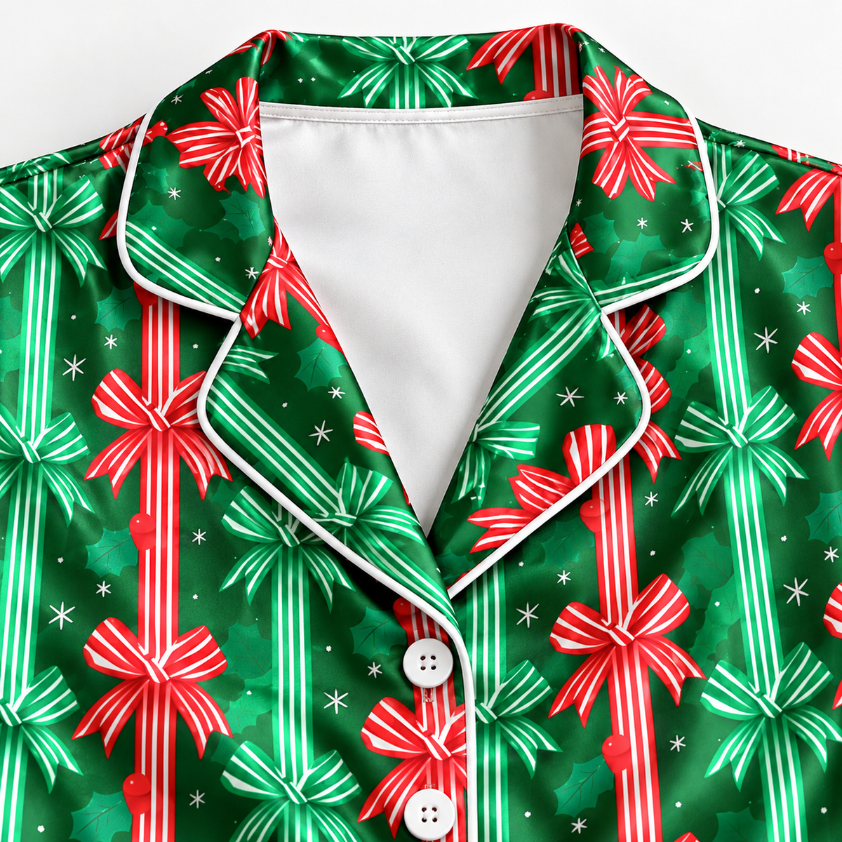 PJ-M1913-Christmas Bow Satin Pajama Set, Green Red Ribbon Coquette Holiday Sleepwear