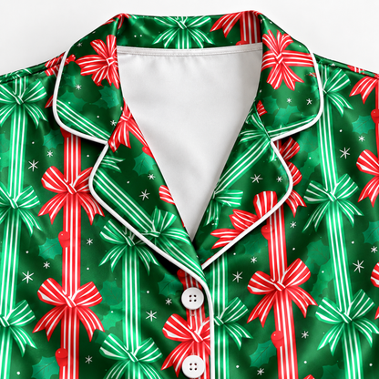 PJ-M1913-Christmas Bow Satin Pajama Set, Green Red Ribbon Coquette Holiday Sleepwear