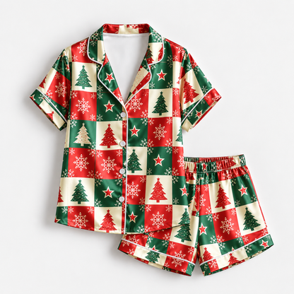PJ-M1915-Christmas Tree Patchwork Satin Pajama Set, Red Green Snowflake Festive Holiday Sleepwear