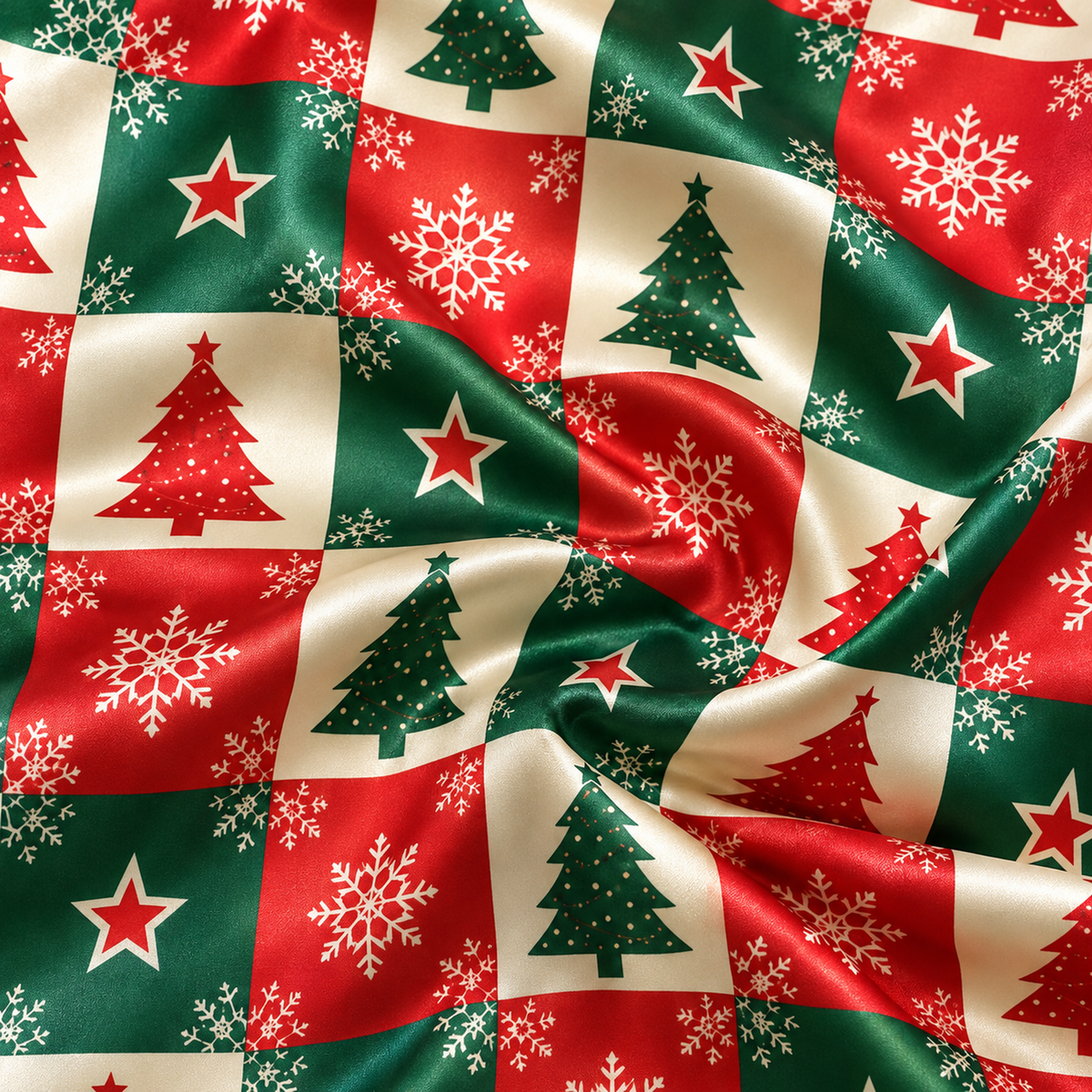PJ-M1915-Christmas Tree Patchwork Satin Pajama Set, Red Green Snowflake Festive Holiday Sleepwear