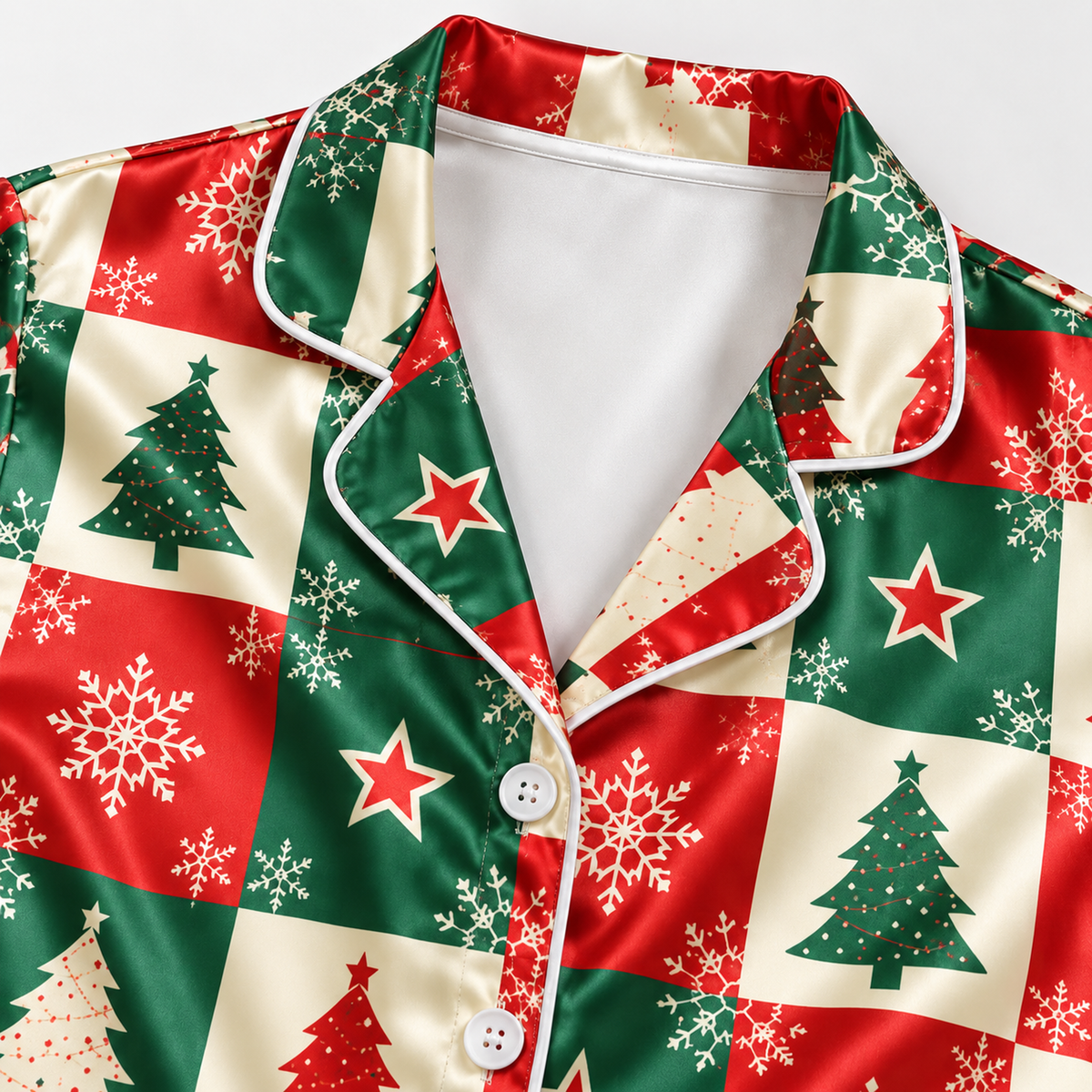 PJ-M1915-Christmas Tree Patchwork Satin Pajama Set, Red Green Snowflake Festive Holiday Sleepwear
