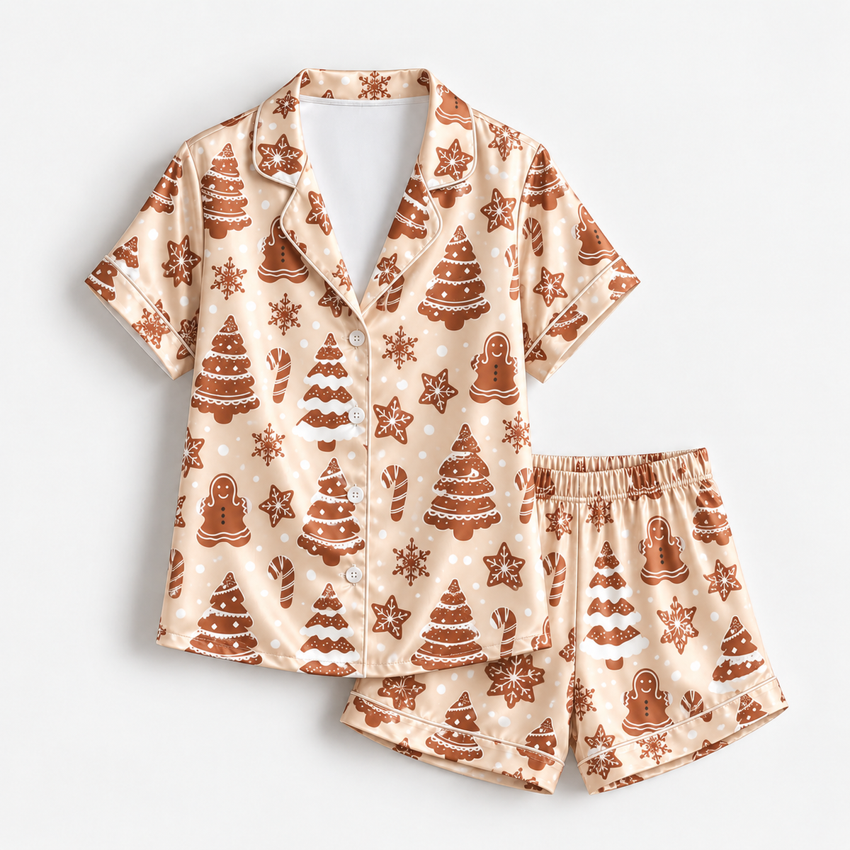 PJ-M1916-Gingerbread Christmas Tree Satin Pajama Set, Cookie Snowflake Festive Holiday Sleepwear