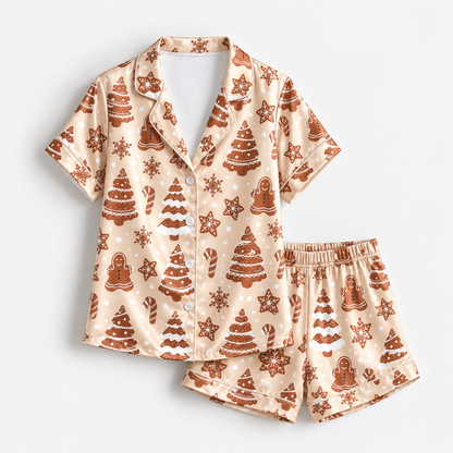 PJ-M1916-Gingerbread Christmas Tree Satin Pajama Set, Cookie Snowflake Festive Holiday Sleepwear