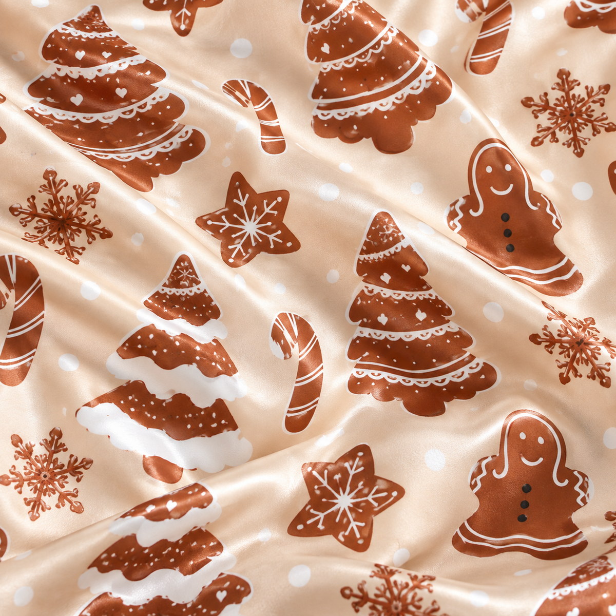 PJ-M1916-Gingerbread Christmas Tree Satin Pajama Set, Cookie Snowflake Festive Holiday Sleepwear