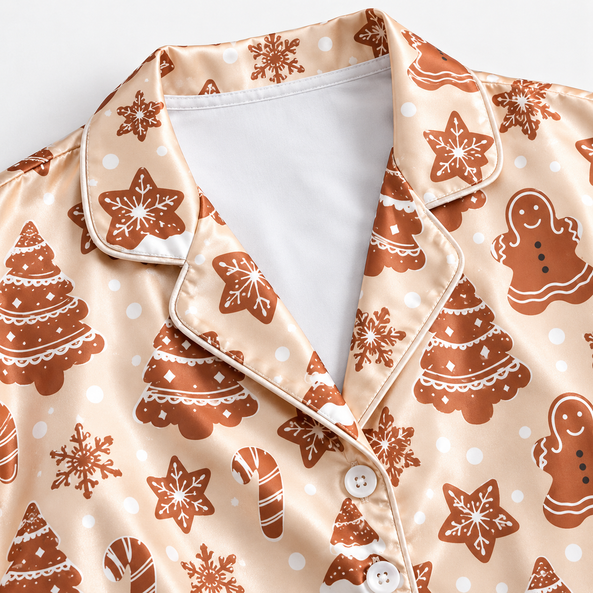 PJ-M1916-Gingerbread Christmas Tree Satin Pajama Set, Cookie Snowflake Festive Holiday Sleepwear