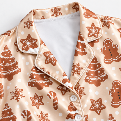 PJ-M1916-Gingerbread Christmas Tree Satin Pajama Set, Cookie Snowflake Festive Holiday Sleepwear