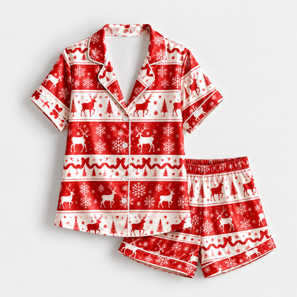 PJ-M1917-Red Reindeer Snowflake Satin Pajama Set, Nordic Christmas Winter Festive Sleepwear