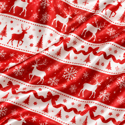 PJ-M1917-Red Reindeer Snowflake Satin Pajama Set, Nordic Christmas Winter Festive Sleepwear