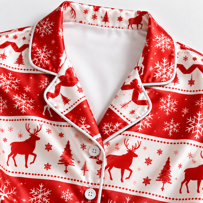 PJ-M1917-Red Reindeer Snowflake Satin Pajama Set, Nordic Christmas Winter Festive Sleepwear