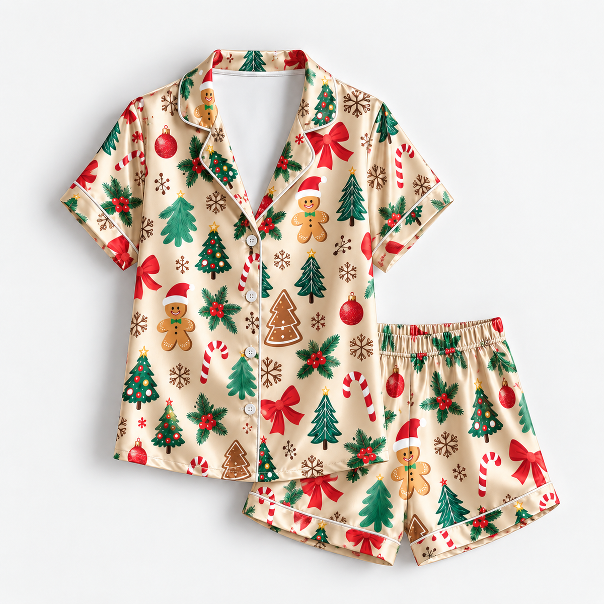 PJ-M1918-Gingerbread Christmas Tree Satin Pajama Set, Candy Cane Bow Festive Holiday Sleepwear