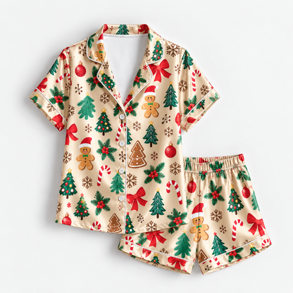 PJ-M1918-Gingerbread Christmas Tree Satin Pajama Set, Candy Cane Bow Festive Holiday Sleepwear