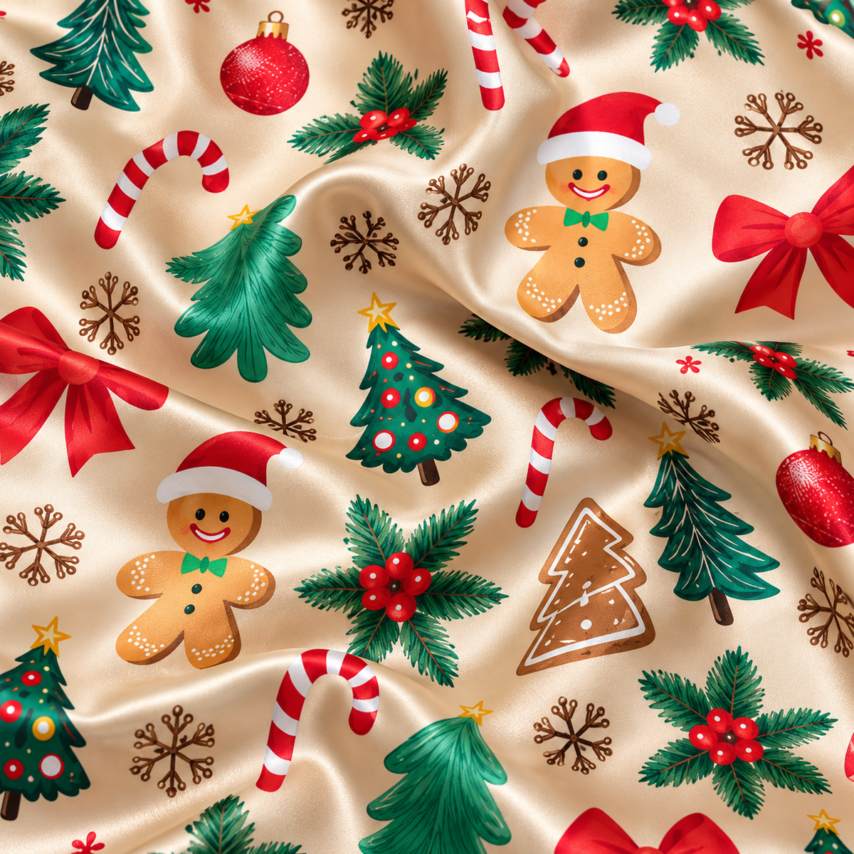 PJ-M1918-Gingerbread Christmas Tree Satin Pajama Set, Candy Cane Bow Festive Holiday Sleepwear