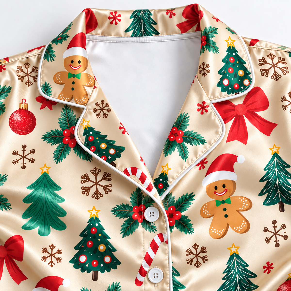 PJ-M1918-Gingerbread Christmas Tree Satin Pajama Set, Candy Cane Bow Festive Holiday Sleepwear