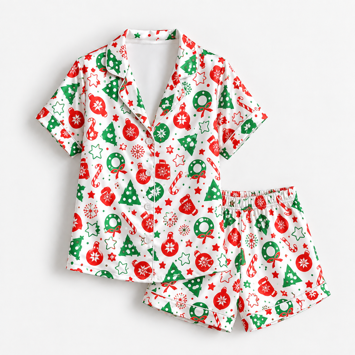 PJ-M1919-Christmas Tree Ornament Satin Pajama Set, Candy Cane Festive Holiday Cozy Sleepwear