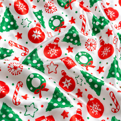 PJ-M1919-Christmas Tree Ornament Satin Pajama Set, Candy Cane Festive Holiday Cozy Sleepwear