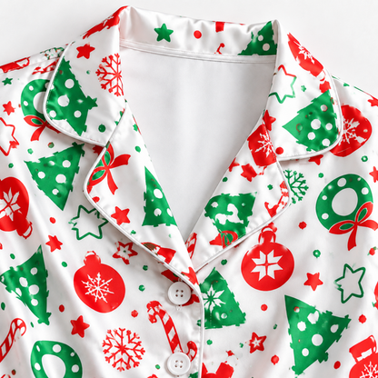 PJ-M1919-Christmas Tree Ornament Satin Pajama Set, Candy Cane Festive Holiday Cozy Sleepwear