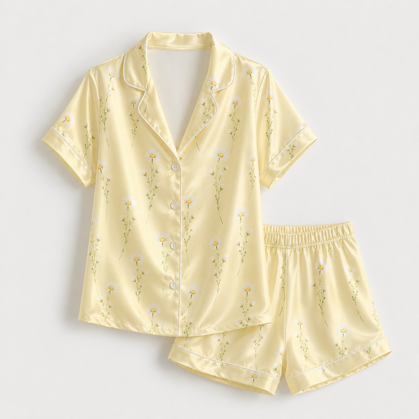 PJ-M192-Yellow Satin Daisy Pajama Apparel, Floral Botanical Pattern Loungewear Sleepwear Collection Top Bottom Clothing