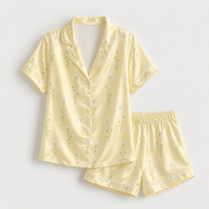 PJ-M192-Yellow Satin Daisy Pajama Apparel, Floral Botanical Pattern Loungewear Sleepwear Collection Top Bottom Clothing