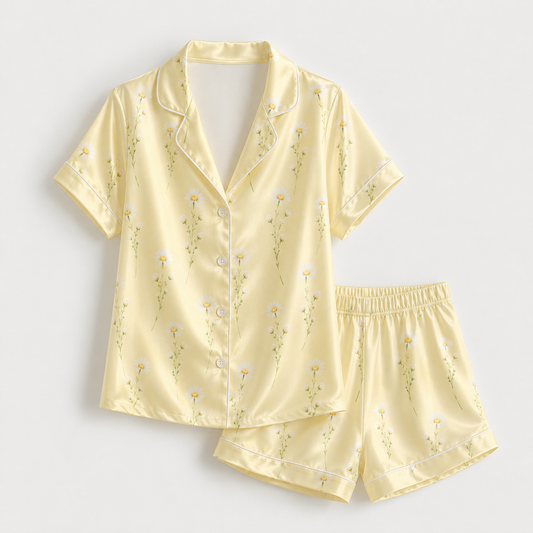 PJ-M192-Yellow Satin Daisy Pajama Apparel, Floral Botanical Pattern Loungewear Sleepwear Collection Top Bottom Clothing