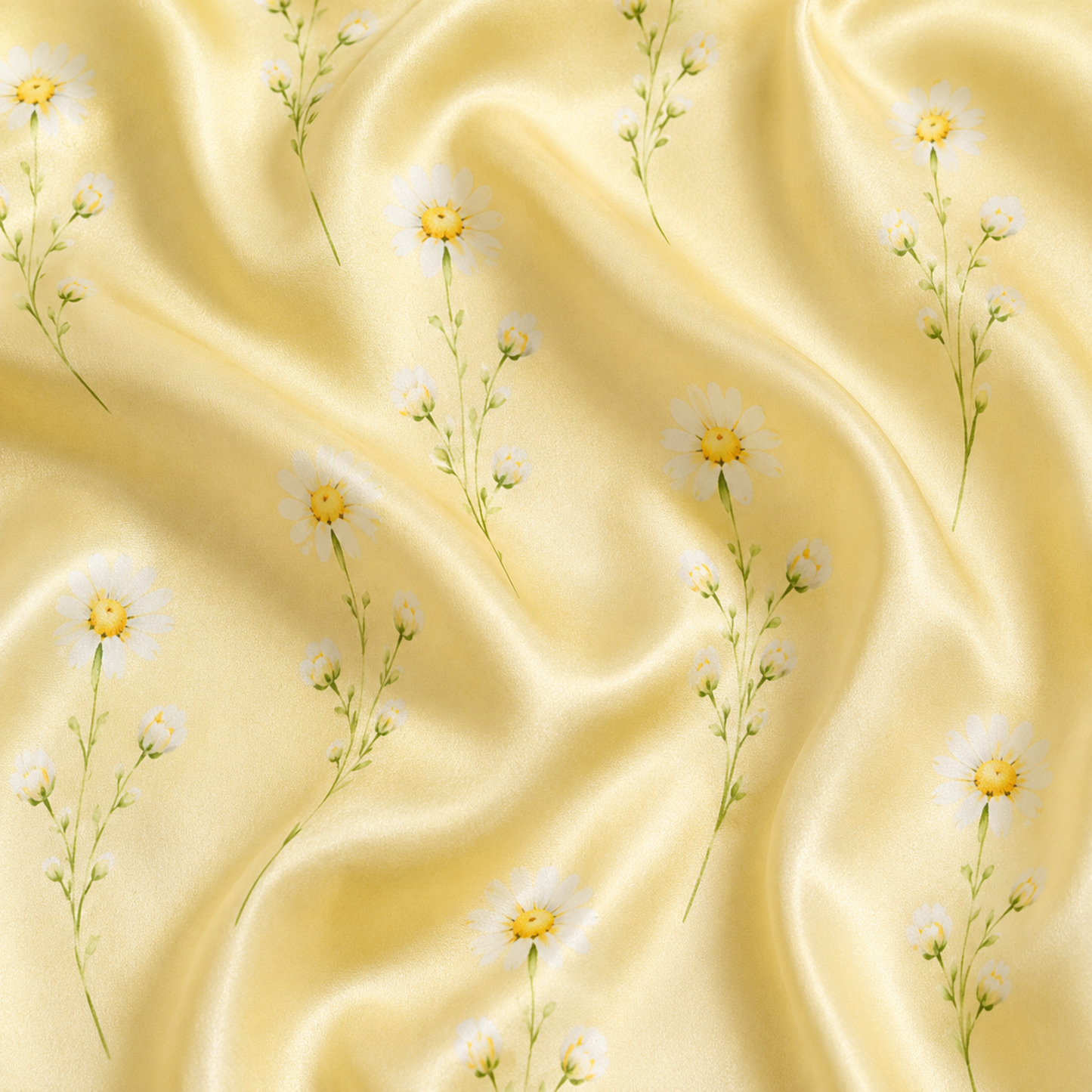 PJ-M192-Yellow Satin Daisy Pajama Apparel, Floral Botanical Pattern Loungewear Sleepwear Collection Top Bottom Clothing