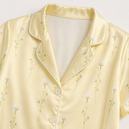 PJ-M192-Yellow Satin Daisy Pajama Apparel, Floral Botanical Pattern Loungewear Sleepwear Collection Top Bottom Clothing