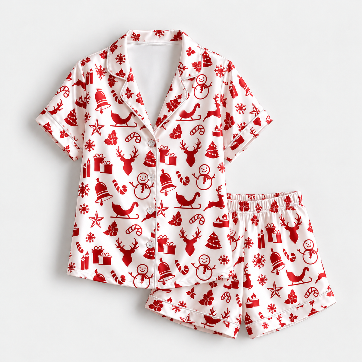 PJ-M1920-Red Christmas Reindeer Satin Pajama Set, Snowman Sleigh Candy Cane Holiday Sleepwear