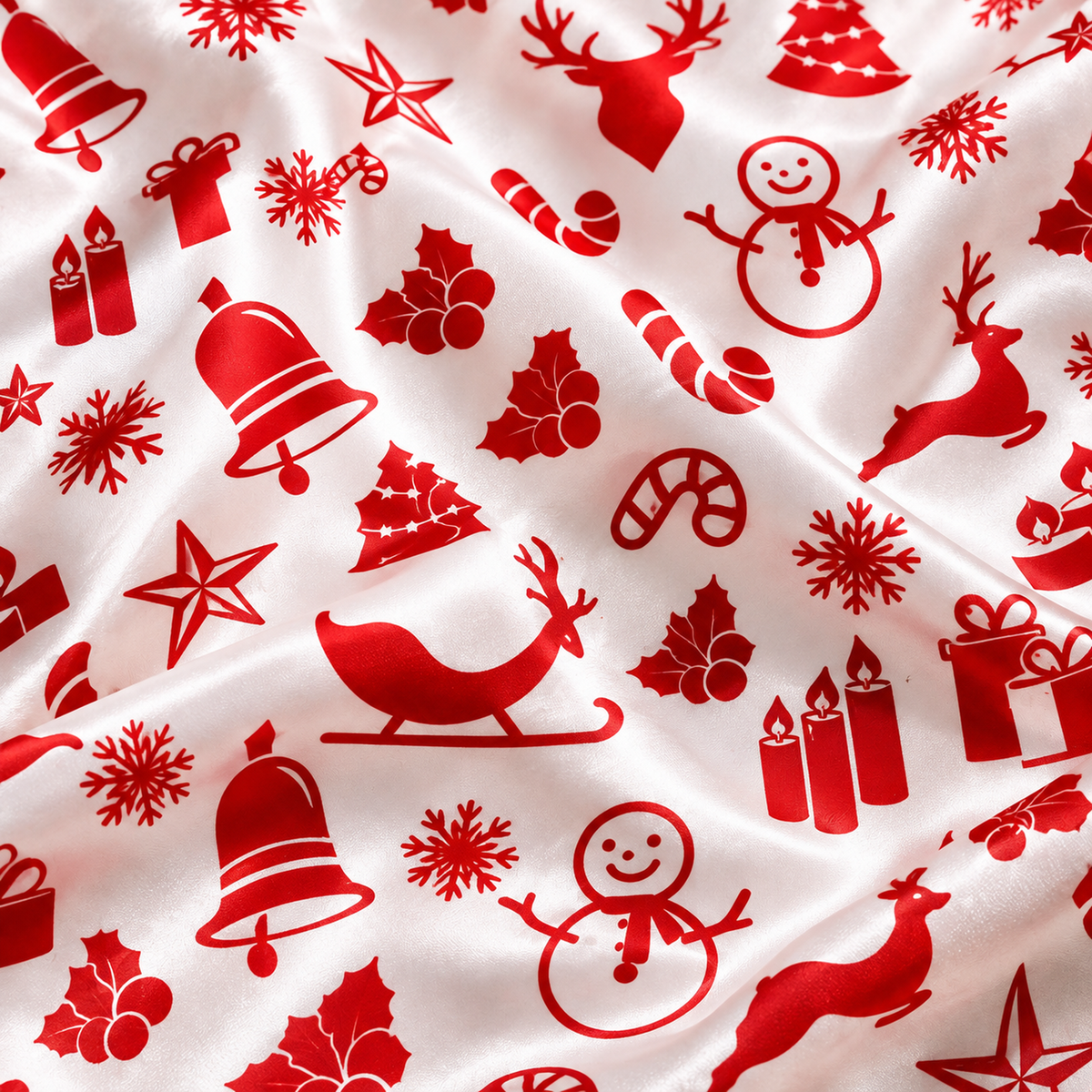 PJ-M1920-Red Christmas Reindeer Satin Pajama Set, Snowman Sleigh Candy Cane Holiday Sleepwear