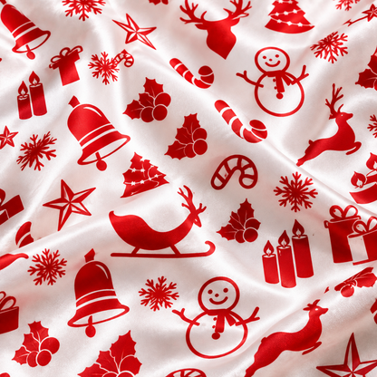 PJ-M1920-Red Christmas Reindeer Satin Pajama Set, Snowman Sleigh Candy Cane Holiday Sleepwear