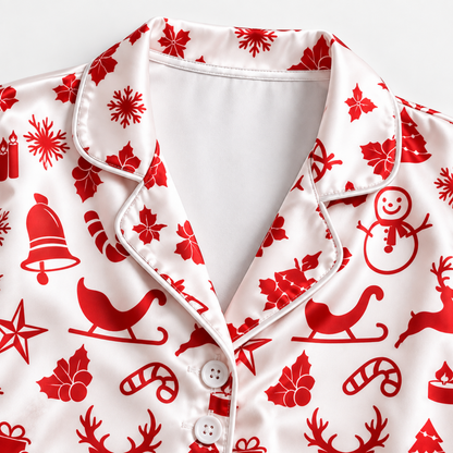 PJ-M1920-Red Christmas Reindeer Satin Pajama Set, Snowman Sleigh Candy Cane Holiday Sleepwear
