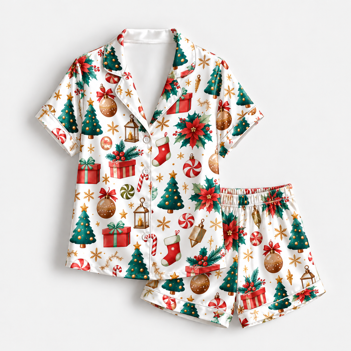 PJ-M1921-Christmas Tree Poinsettia Satin Pajama Set, Festive Ornament Gift Holiday Sleepwear