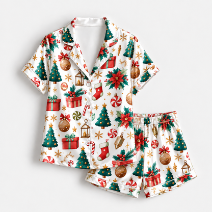 PJ-M1921-Christmas Tree Poinsettia Satin Pajama Set, Festive Ornament Gift Holiday Sleepwear