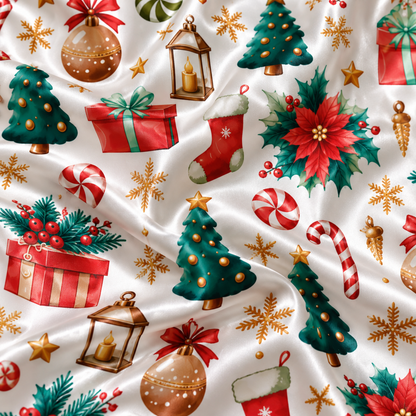 PJ-M1921-Christmas Tree Poinsettia Satin Pajama Set, Festive Ornament Gift Holiday Sleepwear