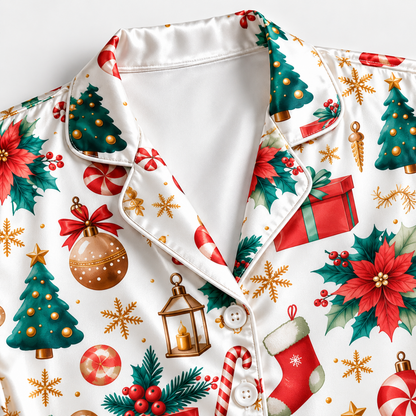 PJ-M1921-Christmas Tree Poinsettia Satin Pajama Set, Festive Ornament Gift Holiday Sleepwear