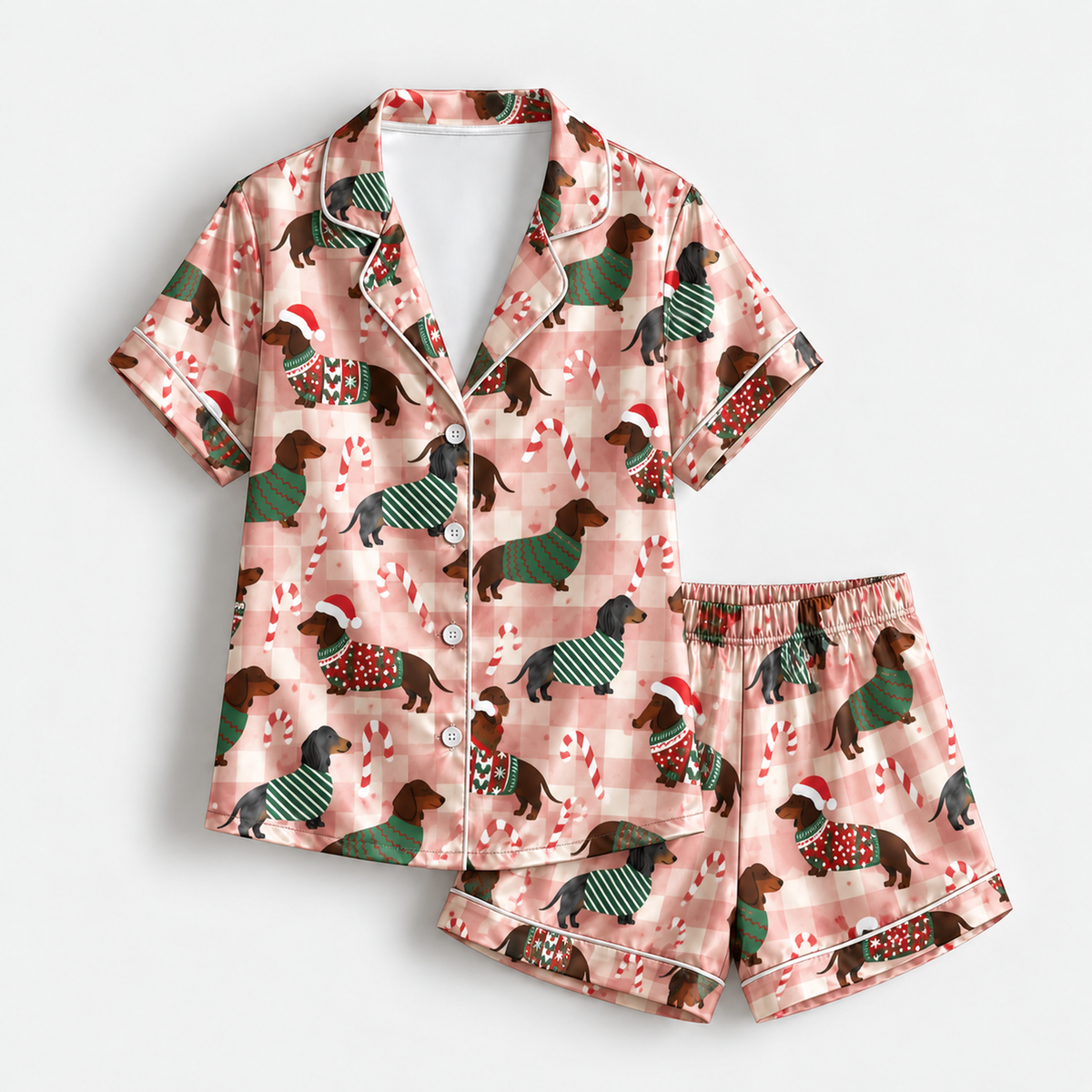 PJ-M1922-Christmas Stocking Candy Cane Satin Pajama Set, Festive Snowflake Holiday Cozy Sleepwear