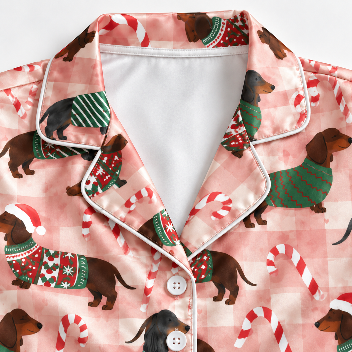 PJ-M1922-Christmas Stocking Candy Cane Satin Pajama Set, Festive Snowflake Holiday Cozy Sleepwear