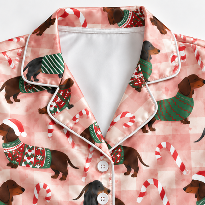 PJ-M1922-Christmas Stocking Candy Cane Satin Pajama Set, Festive Snowflake Holiday Cozy Sleepwear