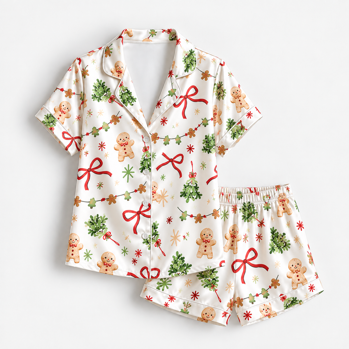 PJ-M1924-Gingerbread Bow Christmas Satin Pajama Set, Mistletoe Garland Festive Holiday Sleepwear