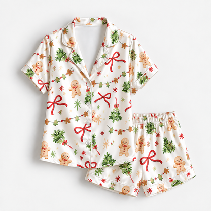 PJ-M1924-Gingerbread Bow Christmas Satin Pajama Set, Mistletoe Garland Festive Holiday Sleepwear