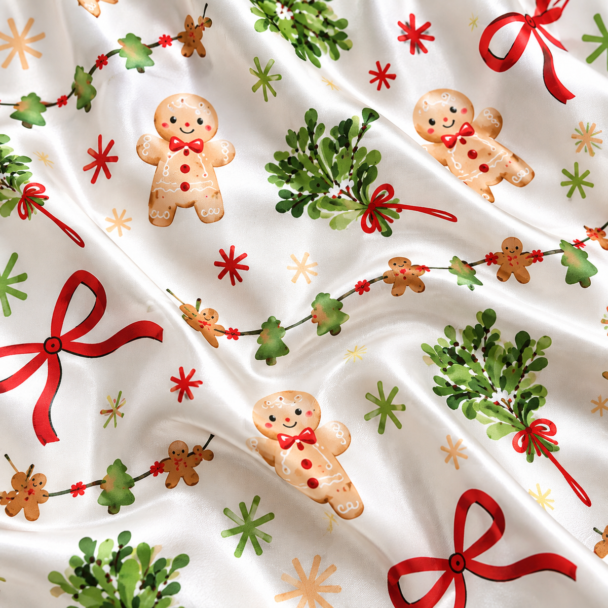 PJ-M1924-Gingerbread Bow Christmas Satin Pajama Set, Mistletoe Garland Festive Holiday Sleepwear