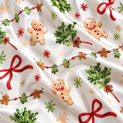PJ-M1924-Gingerbread Bow Christmas Satin Pajama Set, Mistletoe Garland Festive Holiday Sleepwear