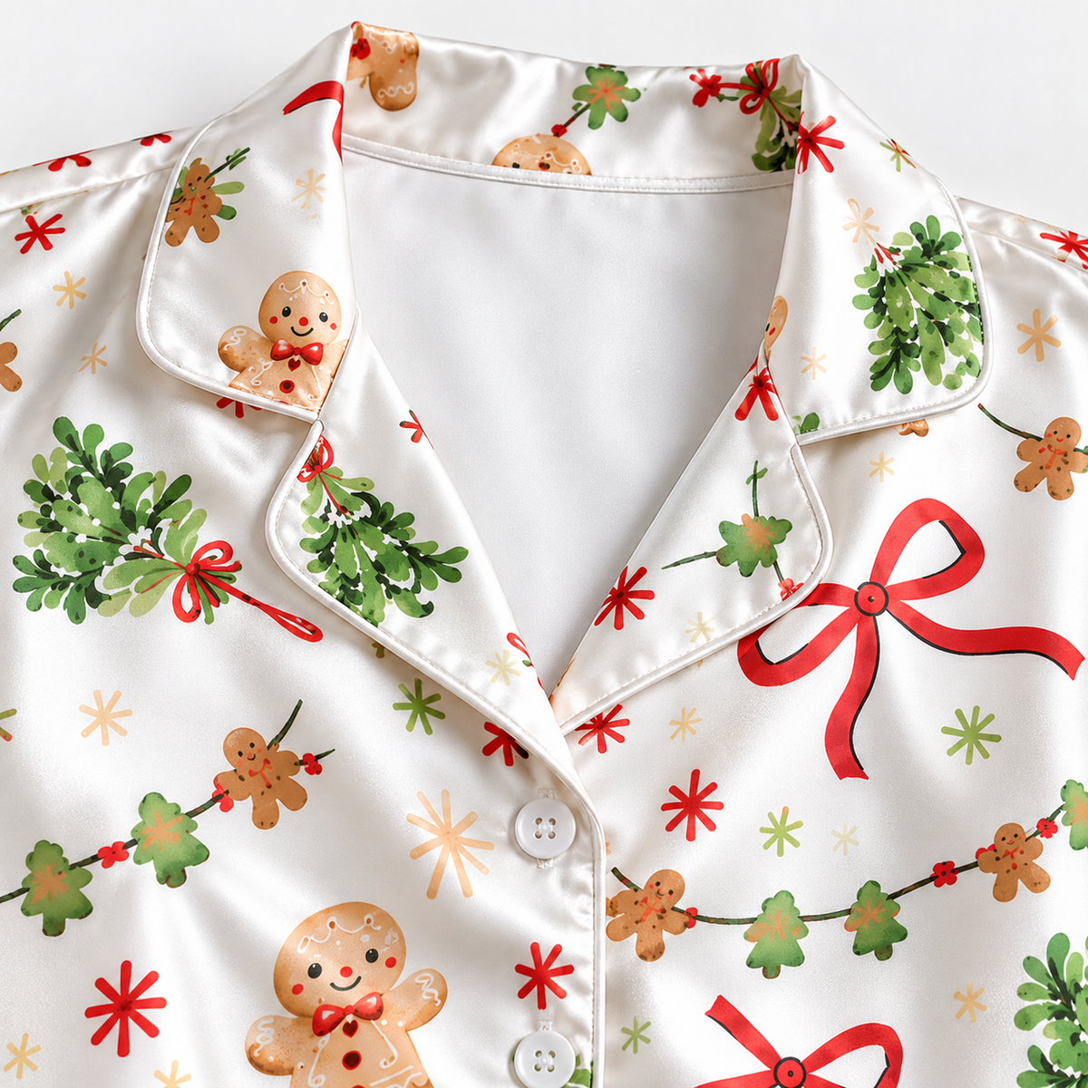 PJ-M1924-Gingerbread Bow Christmas Satin Pajama Set, Mistletoe Garland Festive Holiday Sleepwear