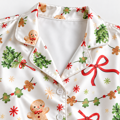 PJ-M1924-Gingerbread Bow Christmas Satin Pajama Set, Mistletoe Garland Festive Holiday Sleepwear