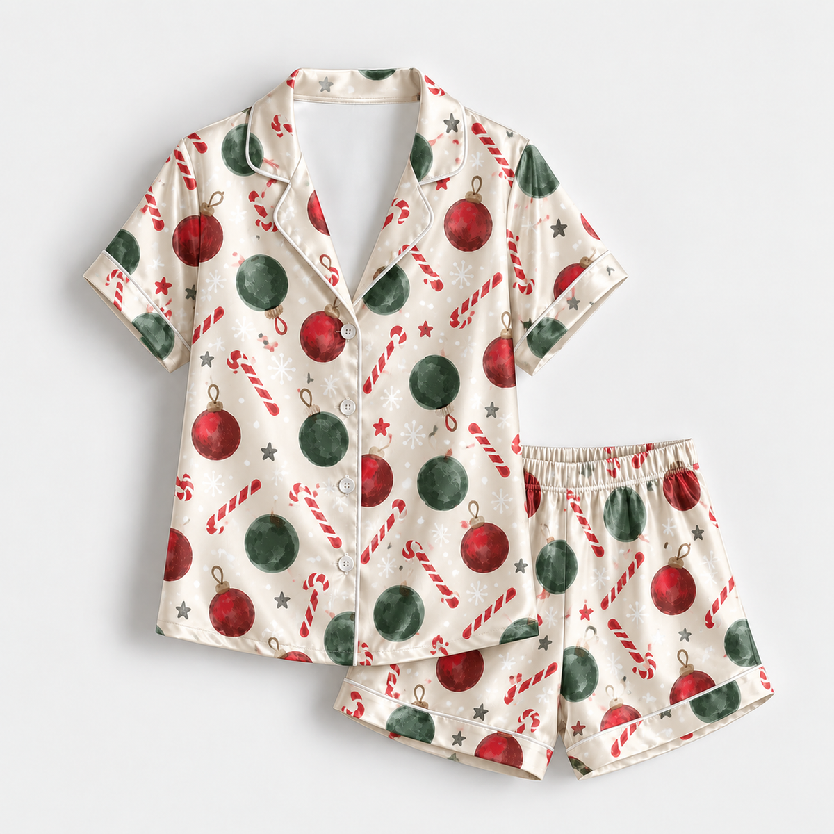 PJ-M1926-Christmas Ornament Candy Cane Satin Pajama Set, Red Green Festive Holiday Sleepwear