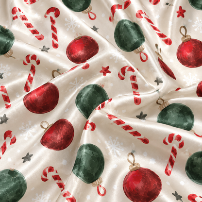 PJ-M1926-Christmas Ornament Candy Cane Satin Pajama Set, Red Green Festive Holiday Sleepwear