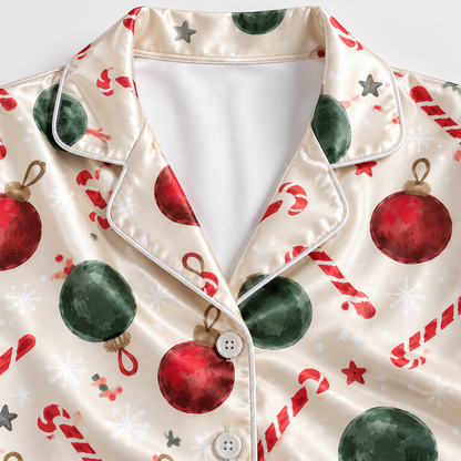 PJ-M1926-Christmas Ornament Candy Cane Satin Pajama Set, Red Green Festive Holiday Sleepwear