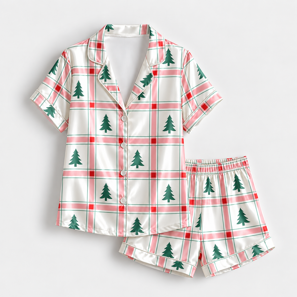 PJ-M1927-Christmas Tree Plaid Satin Pajama Set, Red Green Tartan Festive Holiday Sleepwear