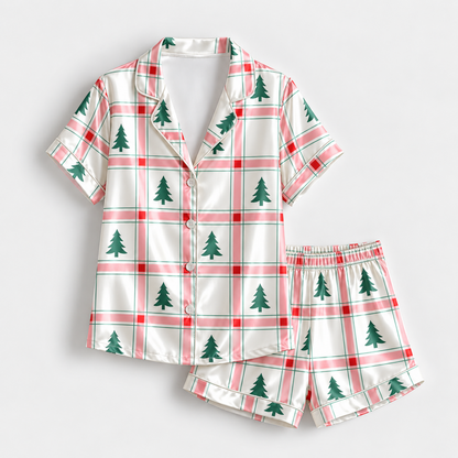 PJ-M1927-Christmas Tree Plaid Satin Pajama Set, Red Green Tartan Festive Holiday Sleepwear