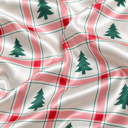 PJ-M1927-Christmas Tree Plaid Satin Pajama Set, Red Green Tartan Festive Holiday Sleepwear