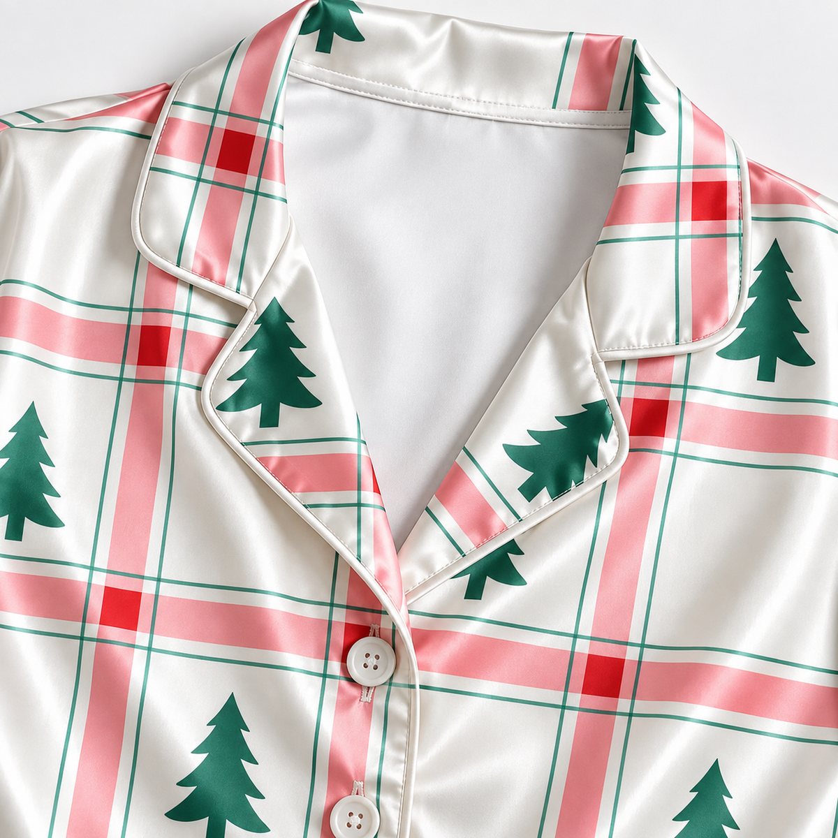PJ-M1927-Christmas Tree Plaid Satin Pajama Set, Red Green Tartan Festive Holiday Sleepwear